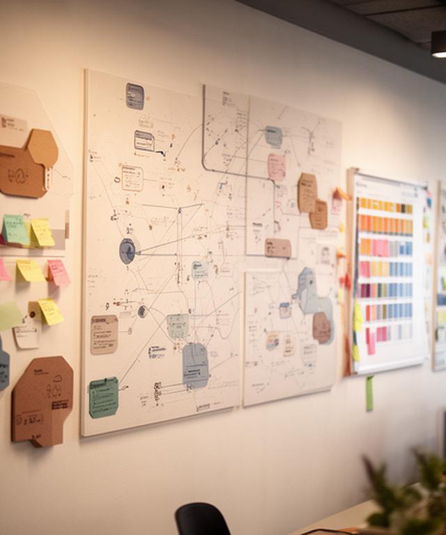 Creative office wall with database diagrams, sticky notes, and colourful project planning boards