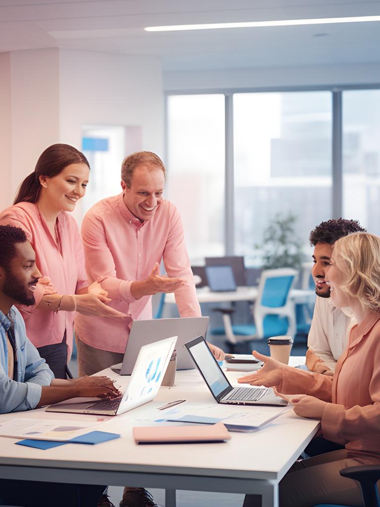 Friendly database support team in a bright office with laptops, notes, and a welcoming meeting space