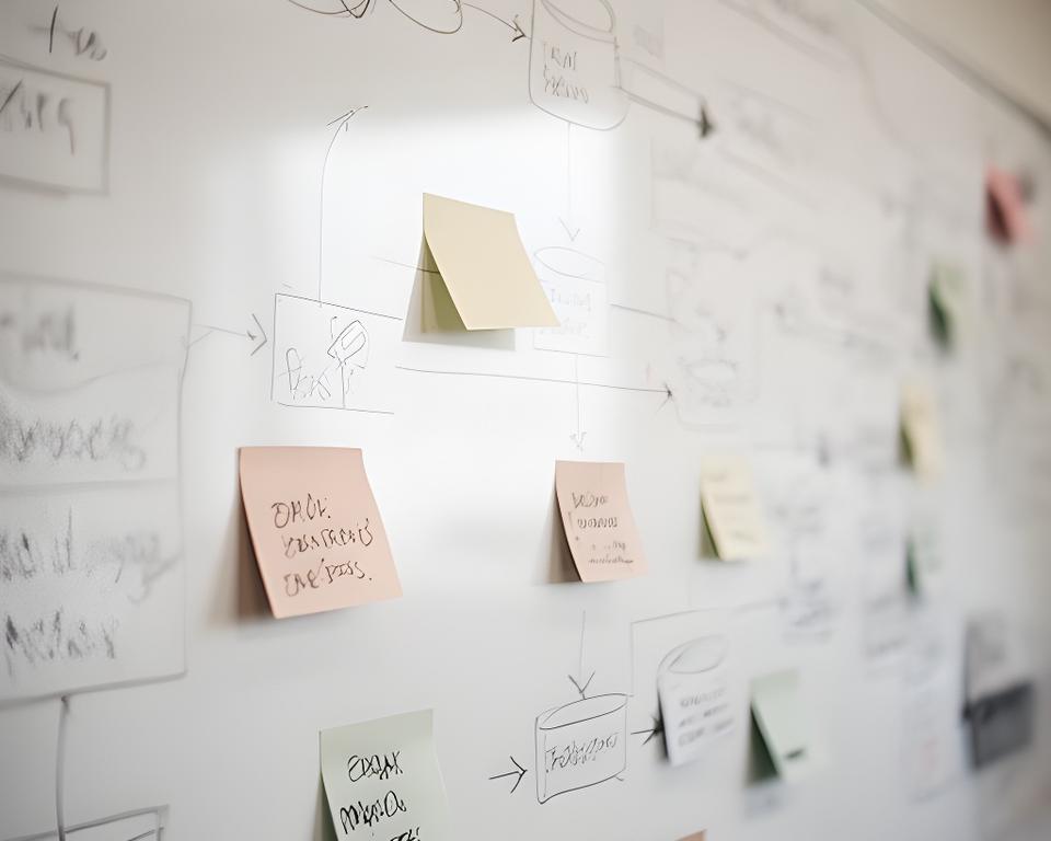 Original whiteboard sketch of a database workflow laid out with arrows, sticky notes, and product ideas