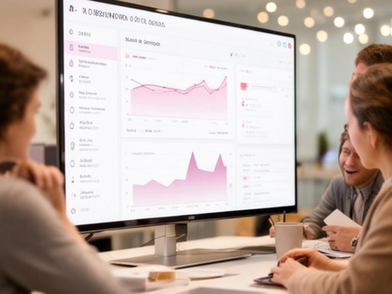 Team reviewing an ecommerce analytics dashboard on a large display in a bright modern office