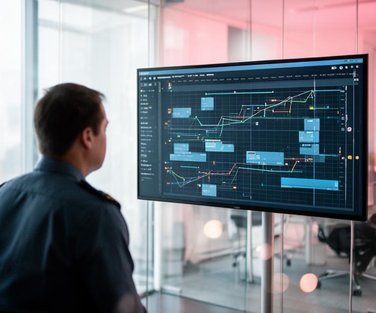 Security auditor examining a database session timeline on a large monitor in a glass-walled meeting room