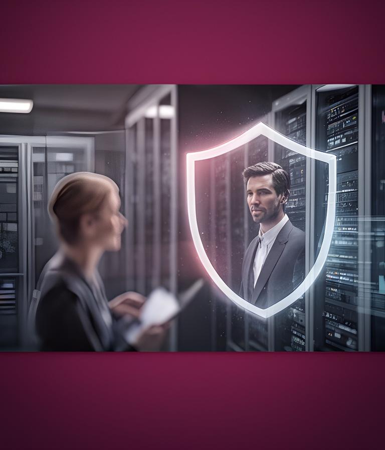 Compliance analyst reviewing secure database dashboards beside a shield graphic in a modern operations room