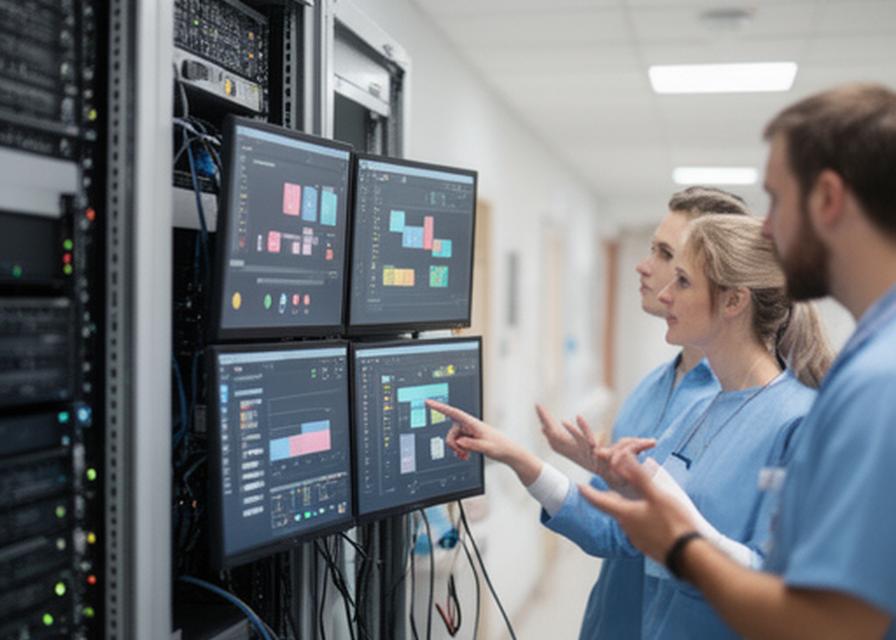 Hospital IT team reviewing compliance dashboards beside a secure server rack in a regional clinic
