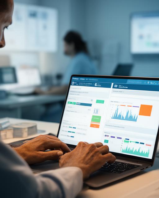 Healthcare analyst checking secure database audit logs on a laptop in a clinical office