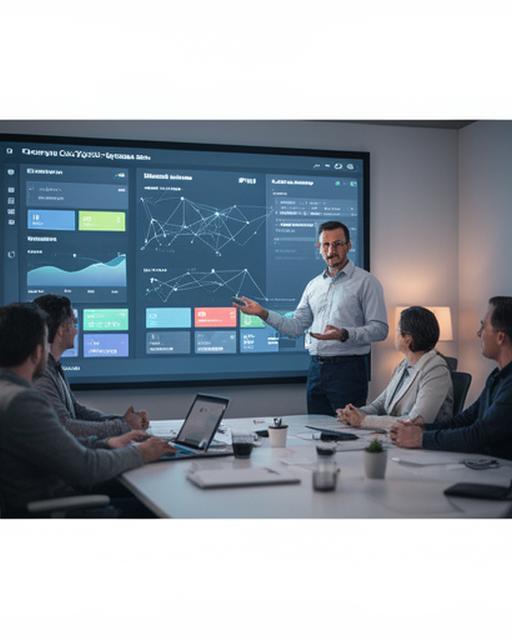 IT operations manager presenting client database dashboards in a modern meeting room