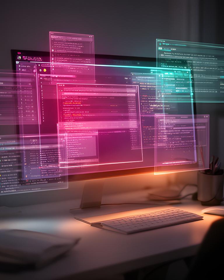 Modern database workspace on a developer desk with a glowing SQL editor and floating system windows