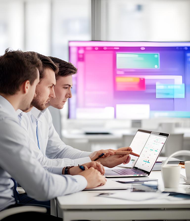 Three database specialists reviewing dashboards in a bright office with a large screen of query results