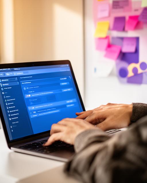 Database administrator configuring access policies on a laptop beside a colour-coded workflow board