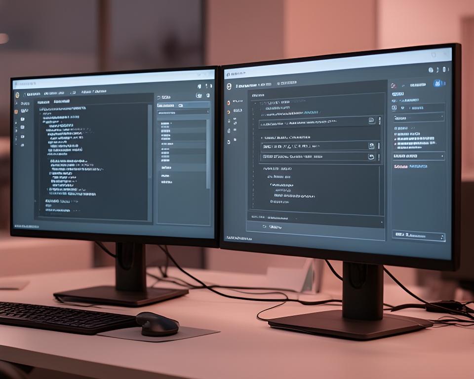 Two database editing screens in a modern office showing legacy SQL on one side and a cloud-native query editor on the other