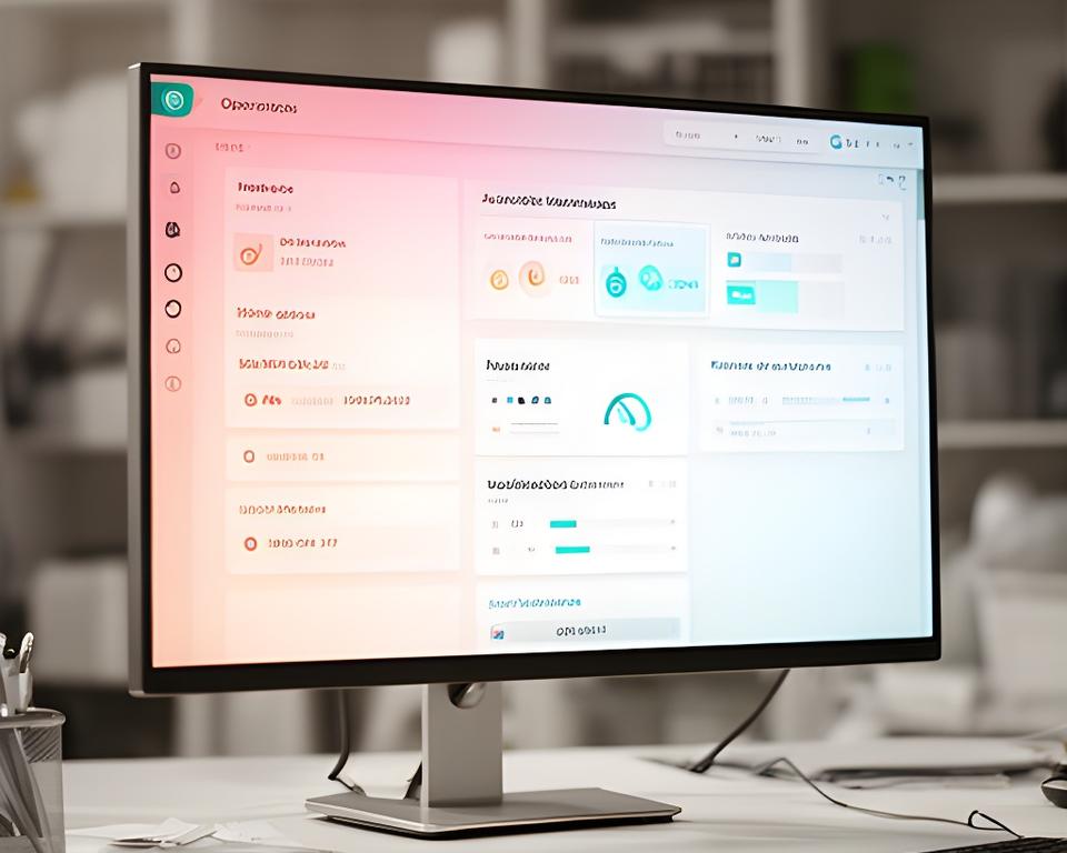 MSP operations dashboard on a widescreen monitor in a modern support office with client health tiles and alert badges
