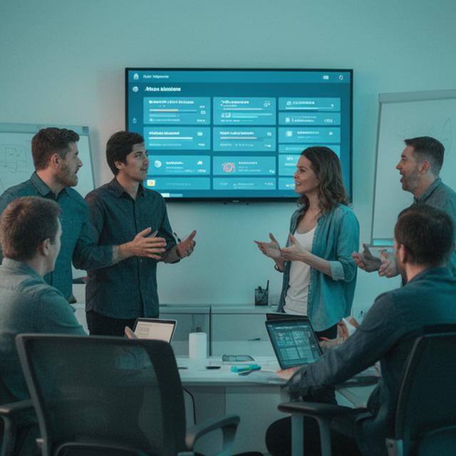 Support team in a modern office discussing client database alerts on a wall mounted dashboard
