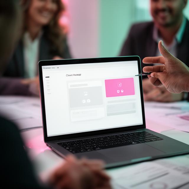 Operations director presenting a branded client portal on a laptop during a team meeting