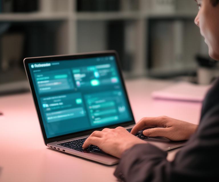 Database administrator reviewing a secure privacy dashboard in a modern office