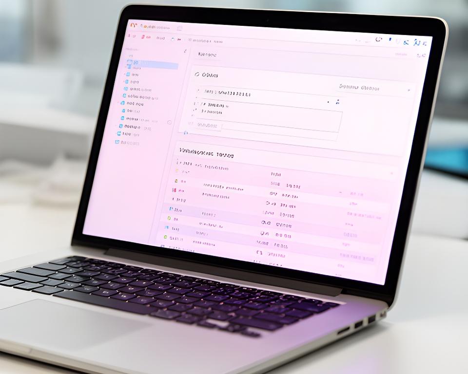 Modern SQL editor interface on a laptop in a bright workspace showing highlighted queries, a schema tree, and a live results grid