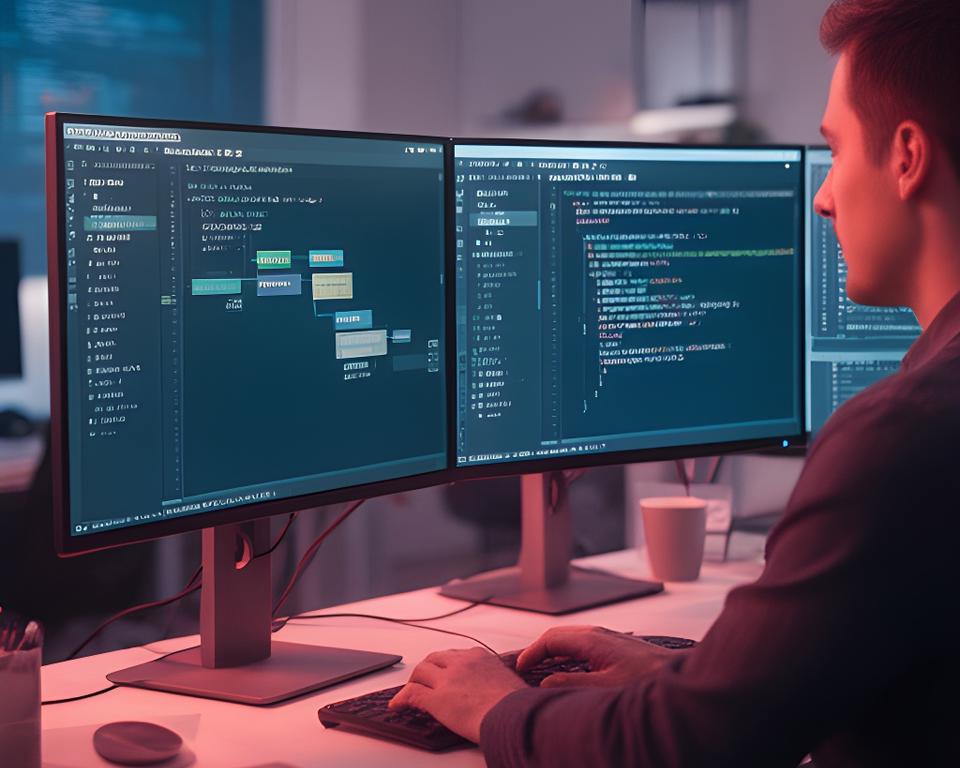 Developer reviewing a secure SQL editor on a dual-screen workstation with schema diff highlights and live query results